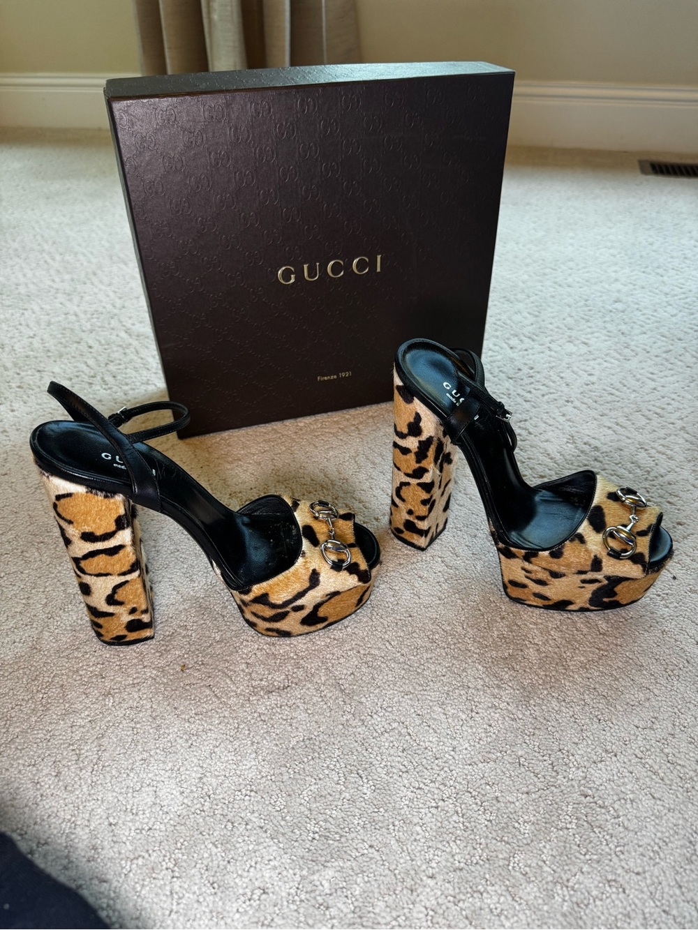 Gucci Leopard Platform Peep-Toe Heels With Gold Hardware Accent & Strap - Picture 9 of 9